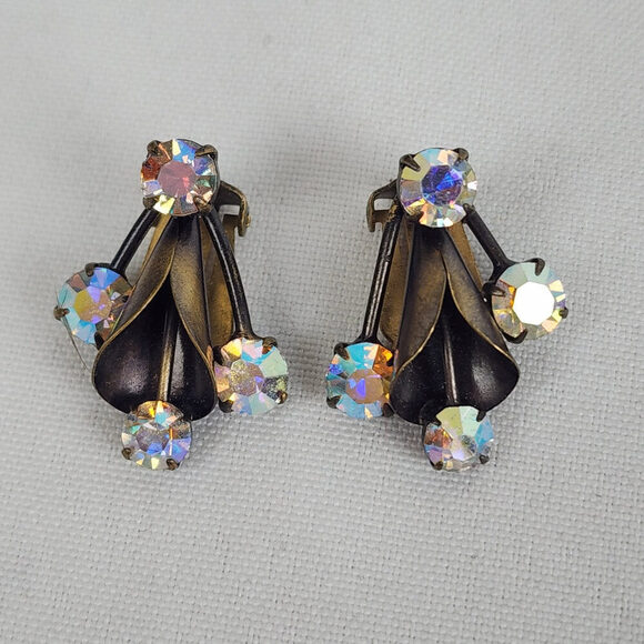 Vintage Bronze Tone AB Crystal Brooch & Clip On Earring Set - Picture 6 of 10